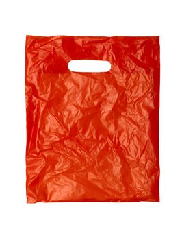 close up of a orange plastic bag on white background with clipping path