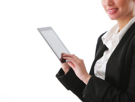 Young business woman working on digital tablet,on white background