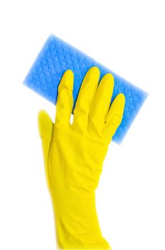 Hand in yellow glove with blue sponge isolated on white background