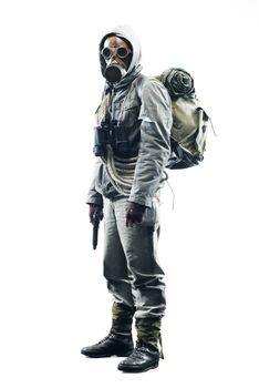 Post apocalyptic survivor in gas mask on white background
