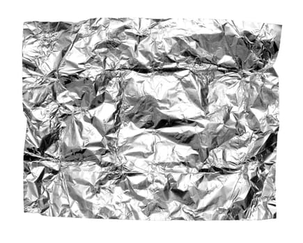 Abstract crumpled silver aluminum foil closeup on white background with clipping path