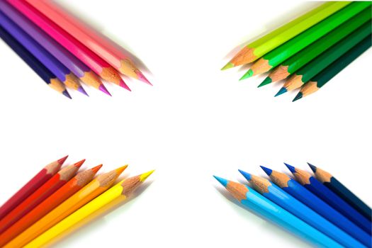 An assortment of color pencils on white background