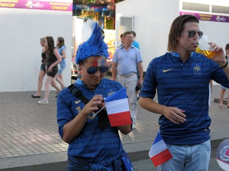 KYIV, UKRAINE - JUNE 19 2012: Official fan zone on Khreshatyk street. France football fans before start match Sweden - France, Group D. EURO 2012 in Kyiv, 19 june 2012.