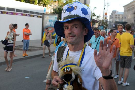 KYIV, UKRAINE - JUNE 19 2012: Official fan zone on Khreshatyk street. France football fans before start match Sweden - France, Group D. EURO 2012 in Kyiv, 19 june 2012.