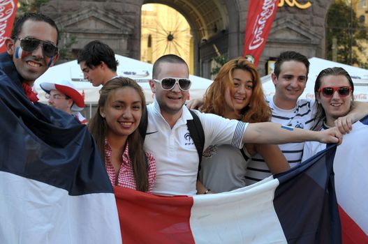 KYIV, UKRAINE - JUNE 19 2012: Official fan zone on Khreshatyk street. France football fans before start match Sweden - France, Group D. EURO 2012 in Kyiv, 19 june 2012.