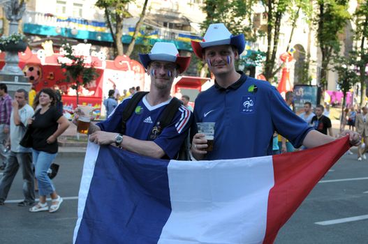 KYIV, UKRAINE - JUNE 19 2012: Official fan zone on Khreshatyk street. France football fans before start match Sweden - France, Group D. EURO 2012 in Kyiv, 19 june 2012.