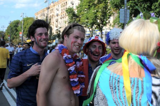 KYIV, UKRAINE - JUNE 19 2012: Official fan zone on Khreshatyk street. France football fans before start match Sweden - France, Group D. EURO 2012 in Kyiv, 19 june 2012.