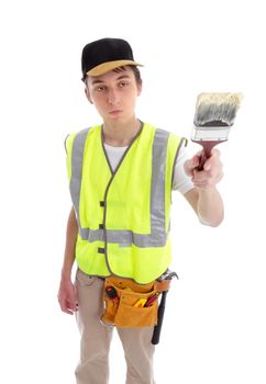 A painter handyman or builder using a paintbrush.  White background.