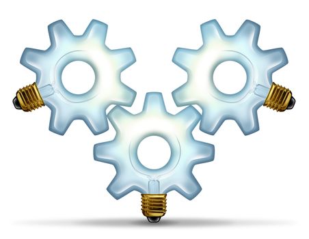 Business group ideas with three illuminated glass lightbulbs in the shape of a gear or cog connected together as a partnership team working for innovative creative success on a white background.