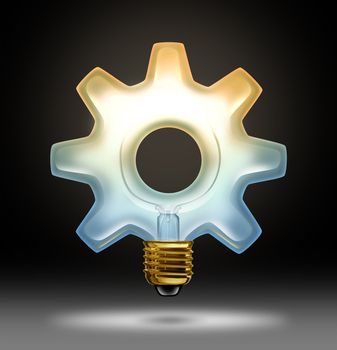 Business innovation and creativity as a lightbulb illuminated glass in the shape of a gear or cog as a concept of creative success in innovative ideas for industry and bright thinking on a black background.