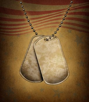 Dog Tags on an old grunge texture with the American flag theme made of blank metal with beaded necklace as a symbol of the military identification of soldiers for emergency medical attention for wounded and fallen heroes.