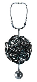 Health care management medical symbol with a doctor stethoscope tangled in a ball of confusion as a concept of medical problems and failure as it pertains to a diagnosis and dealing with human illness.