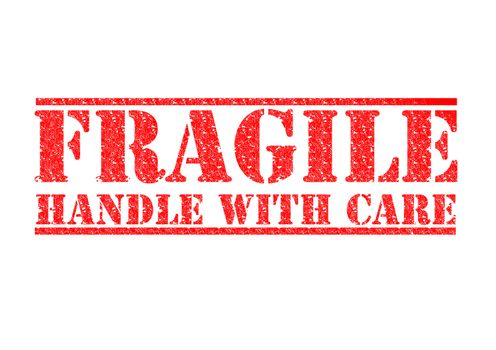 FRAGILE - HANDLE WITH CARE red rubber stamp over a white background.