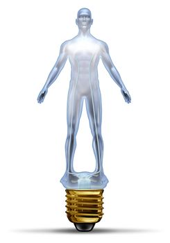 Human creative power and potential as a glass lightbulb in the shape of a body as concept of intelligence and ideas as health solutions in research for disease and illness in the medical field and business.