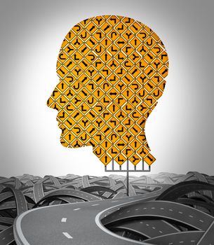 Human Direction with a huge sign made with a group of traffic signage shaped as a human head with a winding road surrounded by tangled confused highways as a symbol of choice and searching for the path to success.