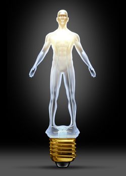 Health ideas and human creative power as a glass lightbulb in the shape of a body as concept of intelligence and creative health solutions in research for disease and illness in the medical field.