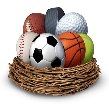 Sports nest concept with a football basketball hockey puck baseball  tennis soccer golf ball in the shape of an egg as a symbol of health and fitness through physical activity for family and youth.
