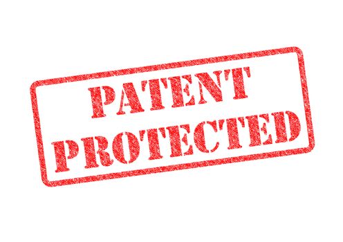 PATENT PROTECTED red rubber stamp over a white background.