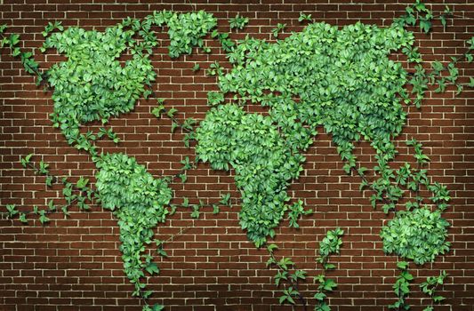 Global leaf map in the shape of growing green vine plant on a red brick wall as a world concept of network connections with the Americas and Europe and Africa Asia Australia attached through natural branches.