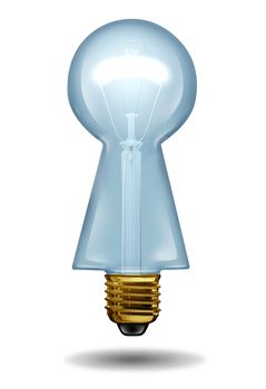 Key ideas and intelligent solutions business concept with a light bulb in the shape of a keyhole on a white background as a concept of creative solutions and expert guidance.