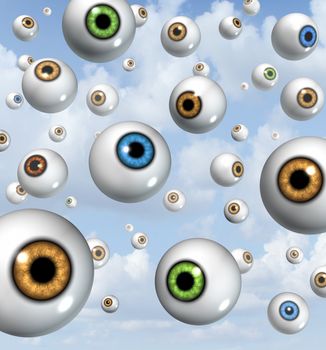 Vision and eyesight background concept with eyes floating in the sky as symbols of ocular health for near sighted and far sighted retina and lens diagnosis from an optometrist for ophthalmology.