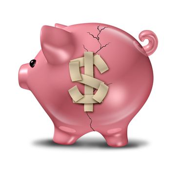 Financial Help and savings guidance to fix money problems and save you from budget crisis with a broken cracked pink piggy bank with repair tape in the shape of a dollar sign on white.