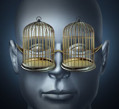 Forbidden access or denied viewing of visual material with a human head with bird cage prison shaped eye glasses as symbols of being imprisoned and trapped.