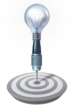Intelligent planning and strategy for achieving your personal and business goals as a dart with a light bulb shape on target as a financial concept of innovative thinking for success on white.