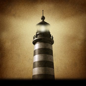 Lighthouse on an old grunge parchment texture clearing the path as a strategic guidance symbol with a beaming directional light as a business concept for the way forward with a high tower for a financial venture.