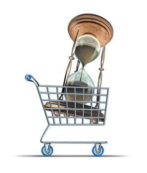 Buying time and purchasing medication to increase lifespan and longevity drugs for human body health endurance with a shopping cart transporting an hourglass on a white background.