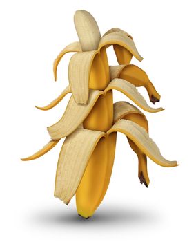 Diminishing returns and lower investment value by the decreasing in size of banana fruit with open peel as a business concept of financial lower profits on a white background.