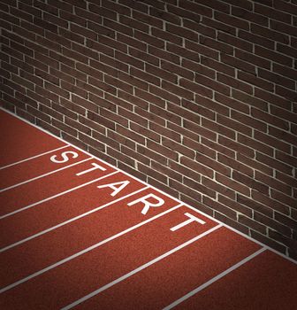 New business problems as unaccessible closed opportunities and no access to financial oppotunities as a track and field race track start position with a brick wall blocking the way forward.