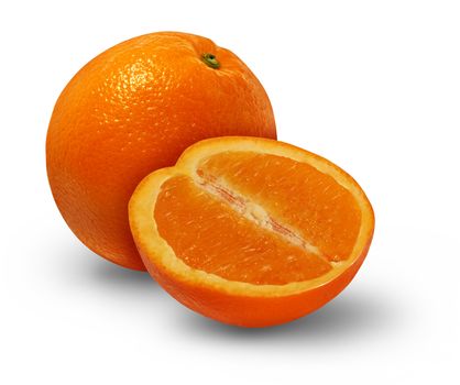 Orange fruit with a cross section of the delicious juicy citrus food as a healthy eating symbol on a white background.