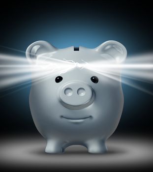 Investment vision and the power of Savings with a cracked open white piggy bank shinning a bright light as a financial symbol of wisdom in managing money saved.