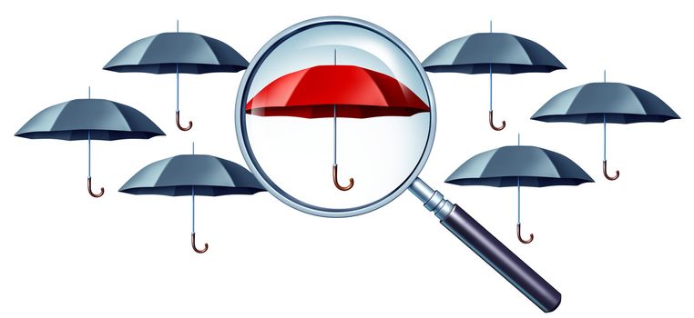 Best protection concept as grey umbrellas with a magnifying glass focusing on a red one standing out from the crowd as a confident icon of security and safe financial peace of mind.