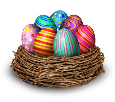 Easter eggs nest holiday symbol decoration with seven multi colored festive spring ovals in a bird nest for celebration of a religious and traditional cultural event and an egg hunt on a white background.