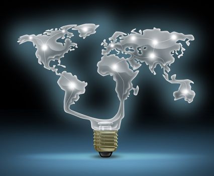 Global innovation symbol with a glowing glass light bulb shaped as the world map representing the business concept of new and future inventions in international technology and design creativity.