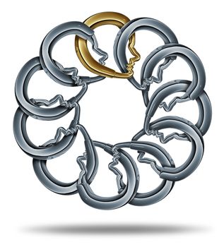Group link made of gold and silver metal as connected chain links in the shape of a three dimensional human head merged together for a strong business team partnership and financial security.