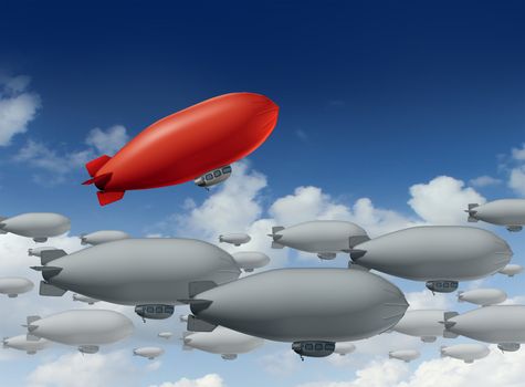 Standing out from the crowd with a group of grey blimps going in a straight direction and a leading red blimp going up as a special visionary individual with a success strategy on a sky.