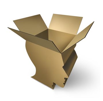 Thinking out of the box with an open three dimensional cardboard packaging in the shape of a human head as a symbol of brain intelligence and having an open mind for innovation and solutions.