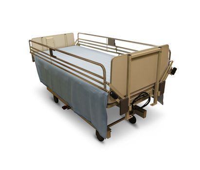 Hospital bed or medical stretcher on a white background as a health care symbol of patient needs and surgery recovery with side rails and an adjustable height as emergency safety equipment.