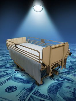 Hospital care expenses and the high costs of medical inurance for surgery or medicine treatment represented by a stretcher on a blue floor of money and a spotlight shining on the bed.