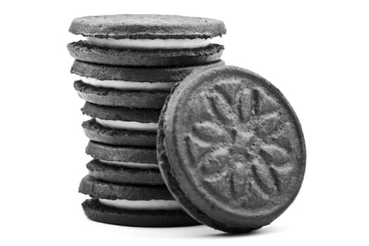 Oreo-style cookies over a white background.