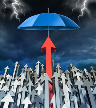 Success security and safe investment financial concept with a group of arrows going up and an individual successful red arrow being protected by an umbrella from the storm.
