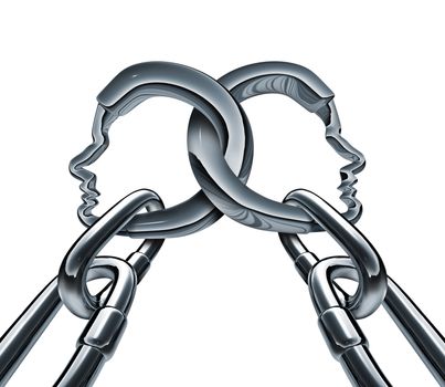 Unity strength and business group partnership as two metal chains shaped as a three dimensional human head linked together in a strong team network for success isolated on a white background.
