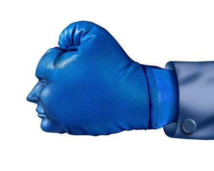 Business competitor and financial competitive advantage symbol with a blue boxing glove in the shape of a human head  as a leadership strategy and aggressive planning concept isolated on white.