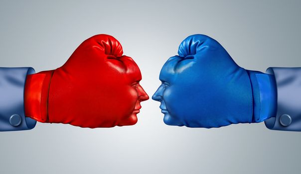 Business fight strategy with two boxing gloves in the shape of human faces head to head and facing each other as competitive rivals and opponents in a strtegic competition.