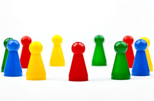 Board game Pieces and Dice over a plain white background.