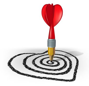 Love strategy and creating a target for a vision of the perfect date or marriage by drawing with a pencil shaped as a red dart on a target formed asa valentine heart on a whitebackground.