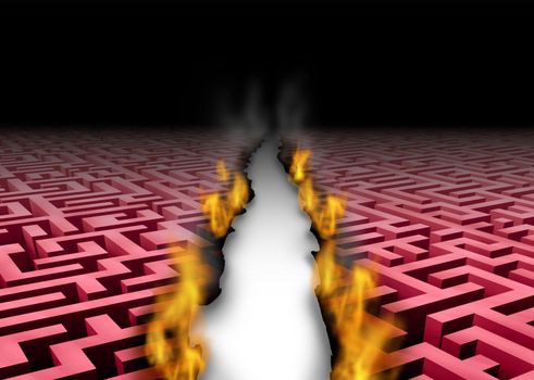 New thinking trailblazer as a business success symbol of a leader that blazes a new trail or path through a confusing maze or labyrinth by burning the obstacles with symbolic fire revealing a clear answer to a problem.